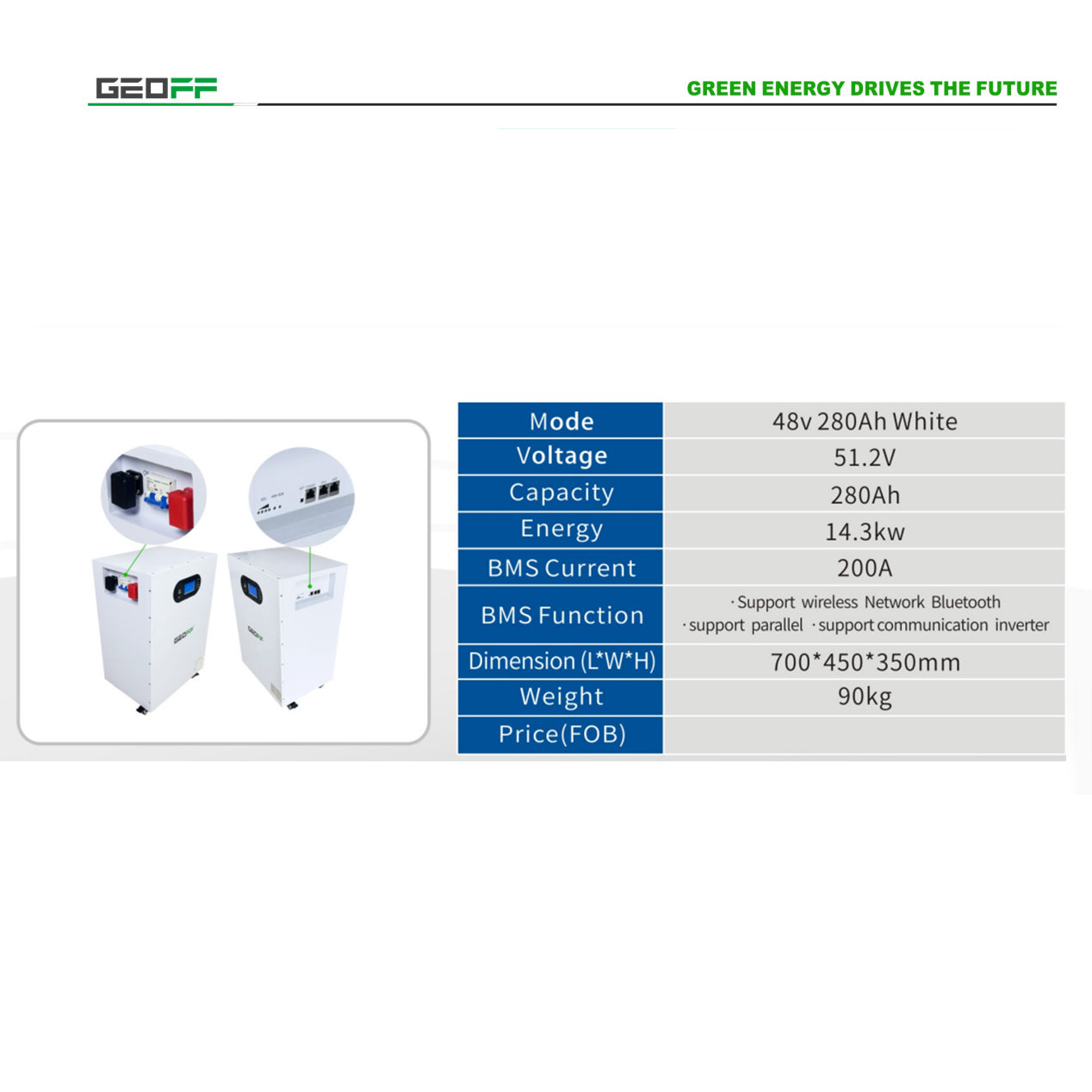 GEOFF 48V 51.2V 280AH 15kw White A new type of cell high cycle high life home energy storage solar system off-grid connection